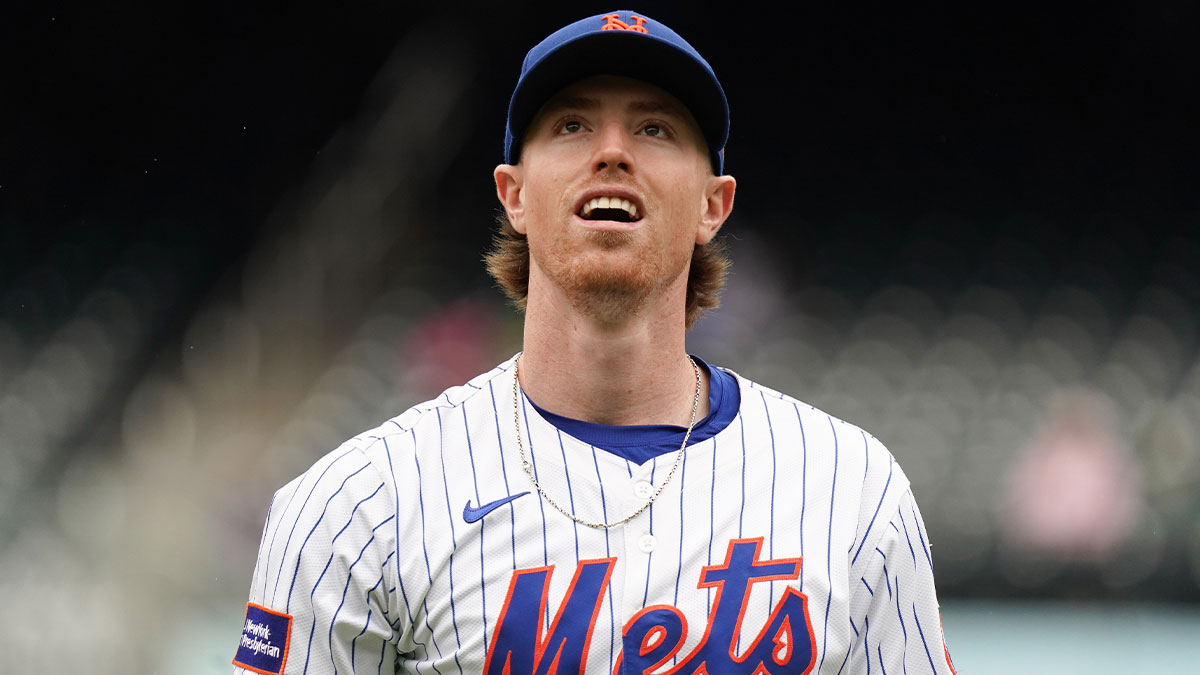 May 28, 2025; New York, New York, USA; New York Mets third baseman Brett Baty (7) looks on before the game against the Chicago White Sox at Citi Field. Mandatory Credit: Lucas Boland-Imagn Images
