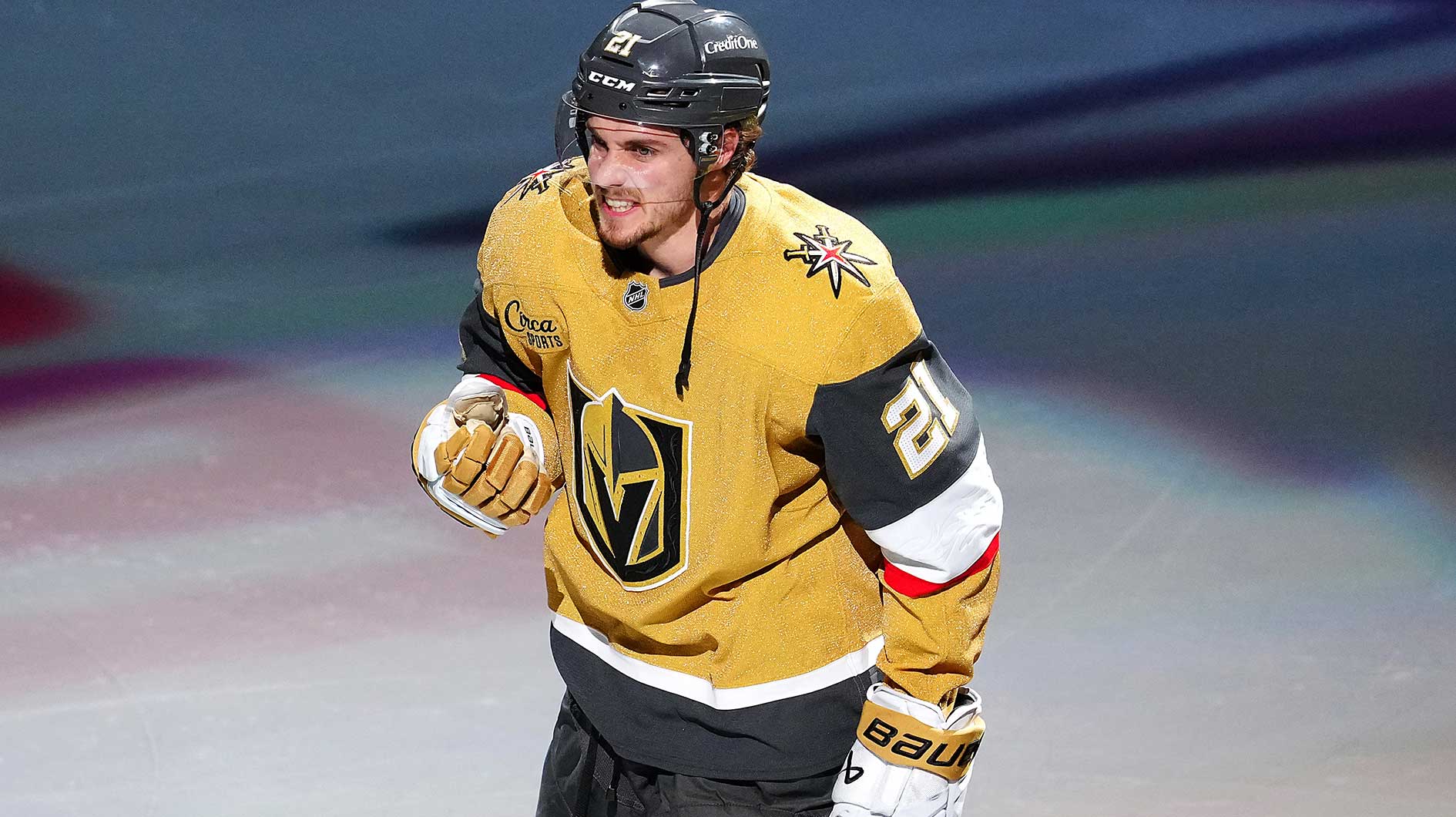 Vegas Golden Knights center Brett Howden (21) is named First Star of the Game after the Golden Knights defeated the Minnesota Wild 3-2 in an overtime period of game five of the first round of the 2025 Stanley Cup Playoffs at T-Mobile Arena