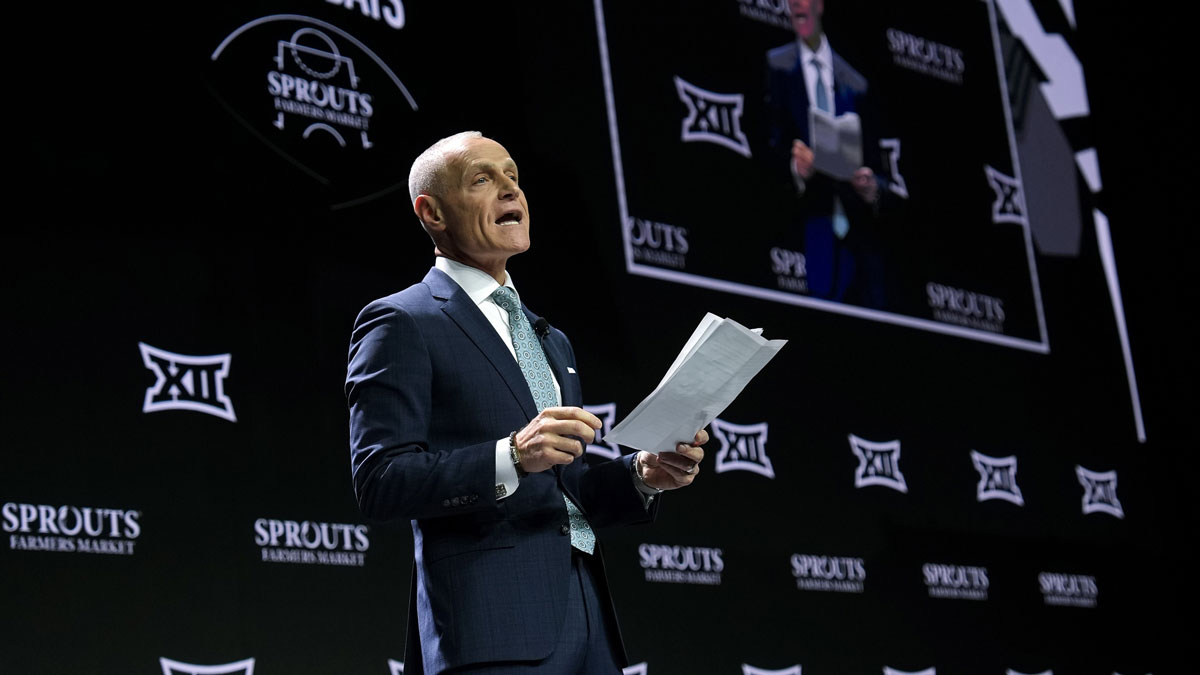 Big 12 Commissioner Brett Yormark speaks to media during Big 12 Women’s Basketball Media Day at T-Mobile Center. Jay Biggerstaff-Imagn Images