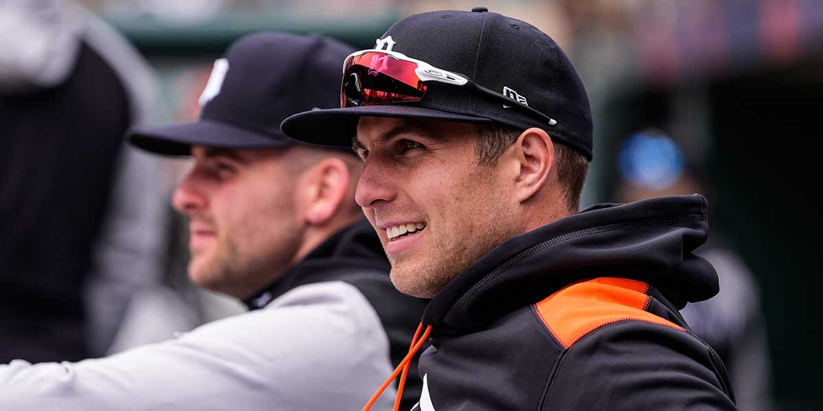 Detroit Tigers’ Brewer Hicklen watches a play against New York Yankees from the dugout.