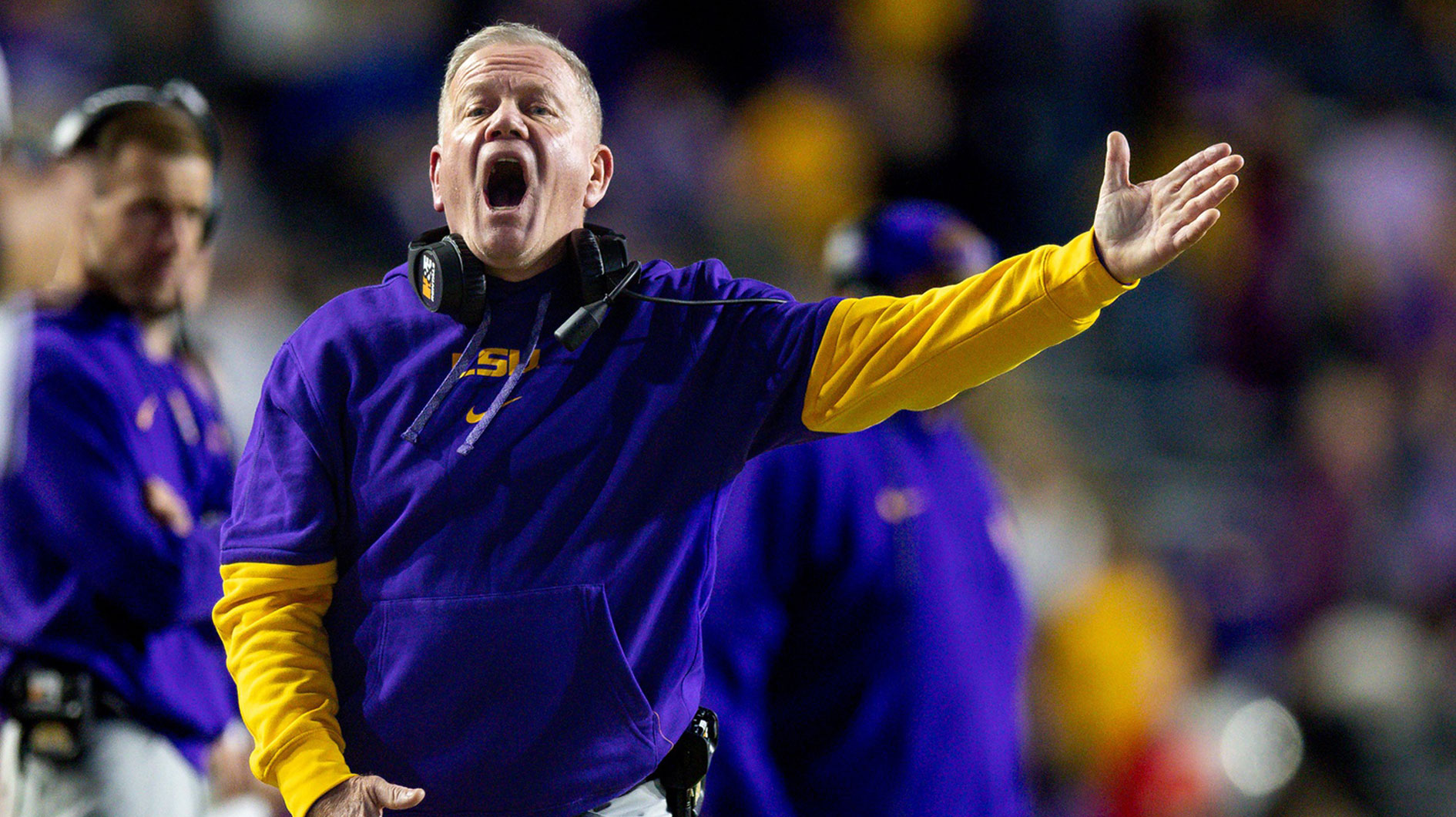 LSU Tigers head coach Brian Kelly reacts to a play against the Vanderbilt Commodores during the second half at Tiger Stadium.