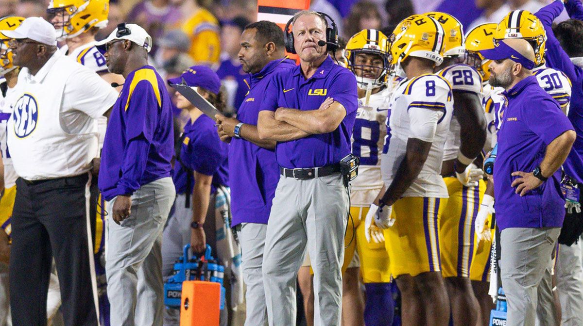 LSU Tigers head coach Brian Kelly looks on during the second half against the Mississippi Rebels at Tiger Stadium.