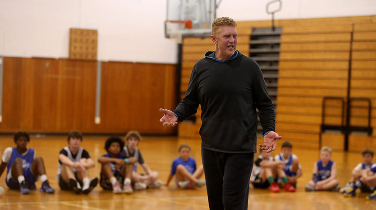 Coach Brian Scalabrine gives a talk at the Scituate Hoop School basketball camp at Scituate High on Friday, July 14, 2023. About 90 kids attended the camp and learned from Coach Scalabrine
