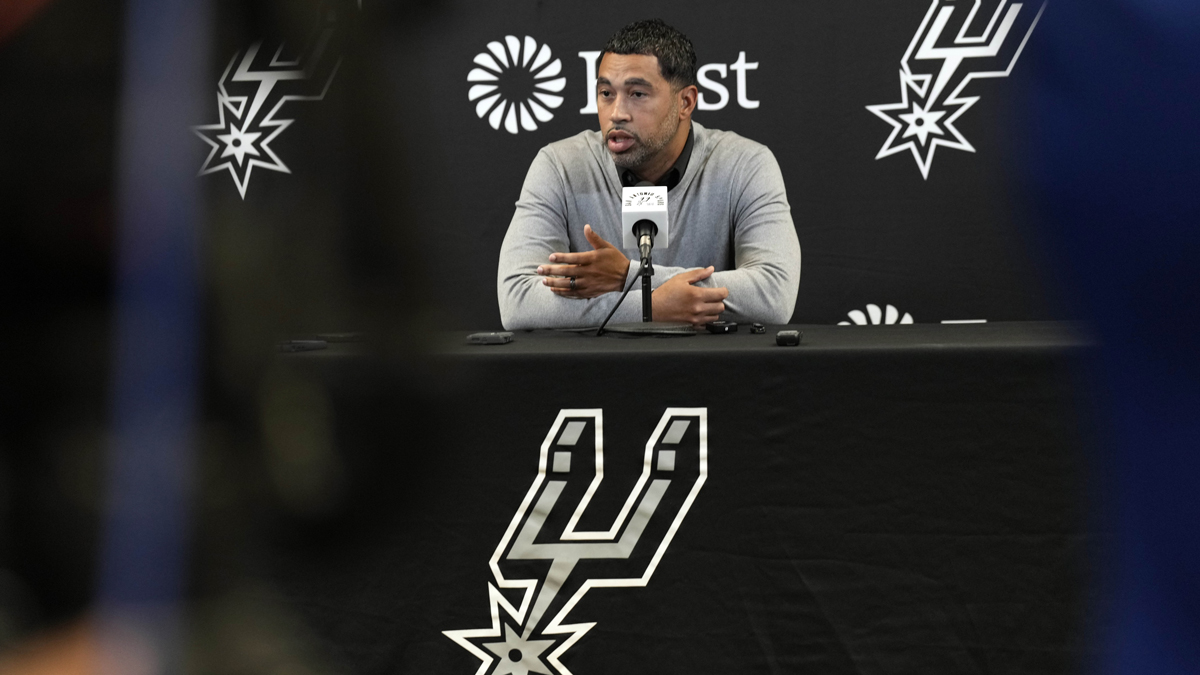 San Antonio Spurs general manager Brian Wright speaks with the media about the health and absence of head coach Gregg Popovich before a game against the Washington Wizards at Frost Bank Center.