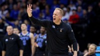 Brigham Young Cougars head coach Kevin Young calls to his team during the second half against the Alabama Crimson Tide during an East Regional semifinal of the 2025 NCAA tournament at Prudential Center.