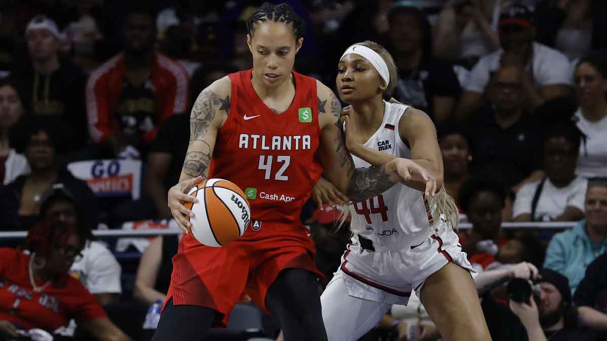 Atlanta Dream center Brittney Griner (42) drives to the basket as Washington Mystics forward Kiki Iriafen (44) defends in the second half at CareFirst Arena.