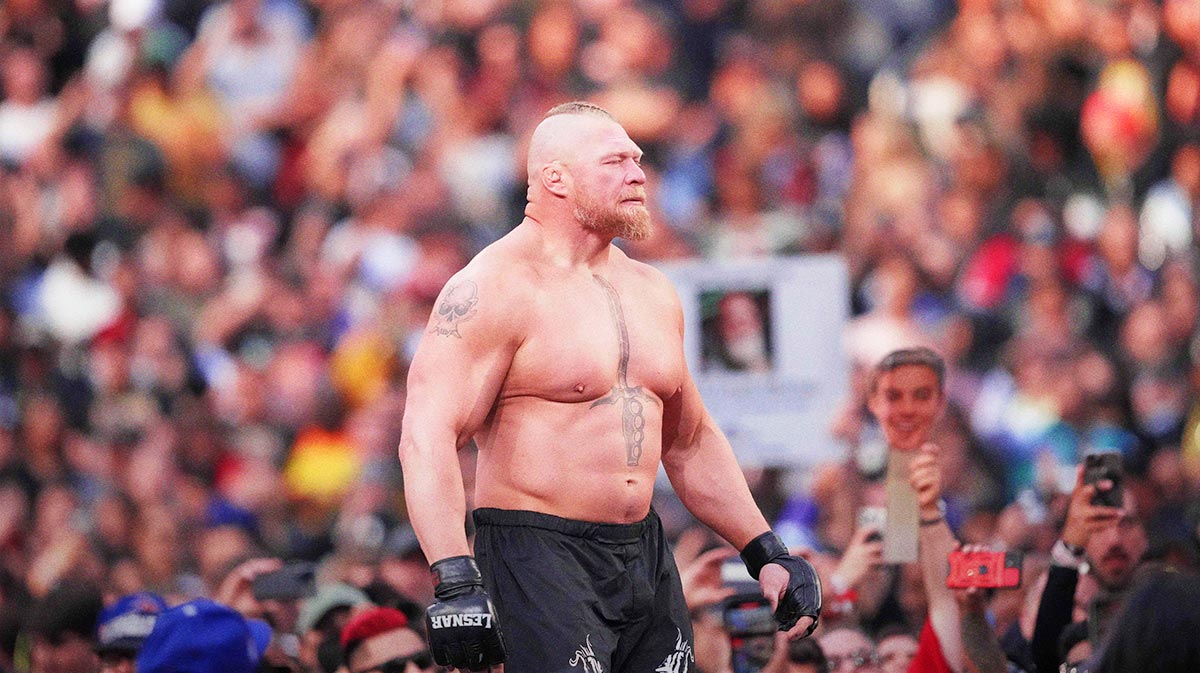 WWE star Brock Lesnar, who Hulk Hogan falsely claimed to have had a match with, at WrestleMania 39.