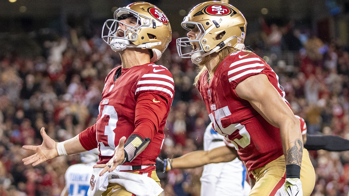 49ers' Brock Purdy and George Kittle celebrate