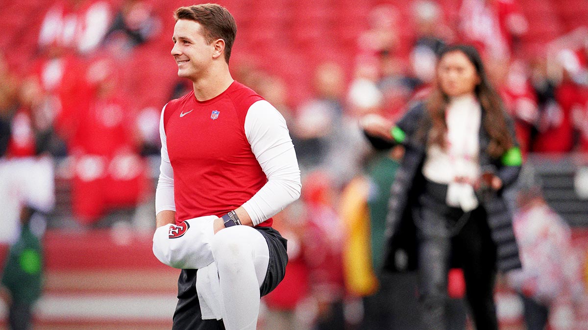 San Francisco 49ers quarterback Brock Purdy (13) smiles on the field before the start of the game against the Baltimore Ravens at Levi's Stadium.
