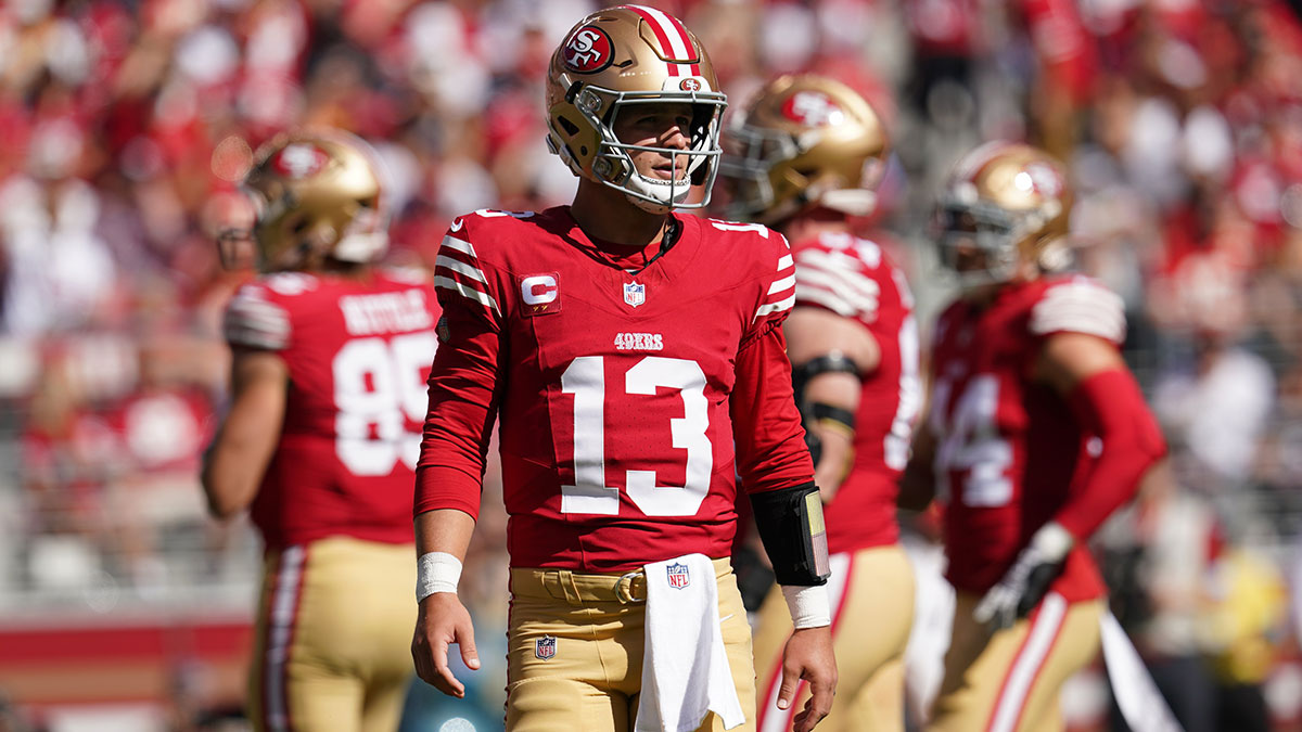 San Francisco 49ers quarterback Brock Purdy (13) stands on the field against the Kansas City Chiefs in the first quarter at Levi's Stadium.