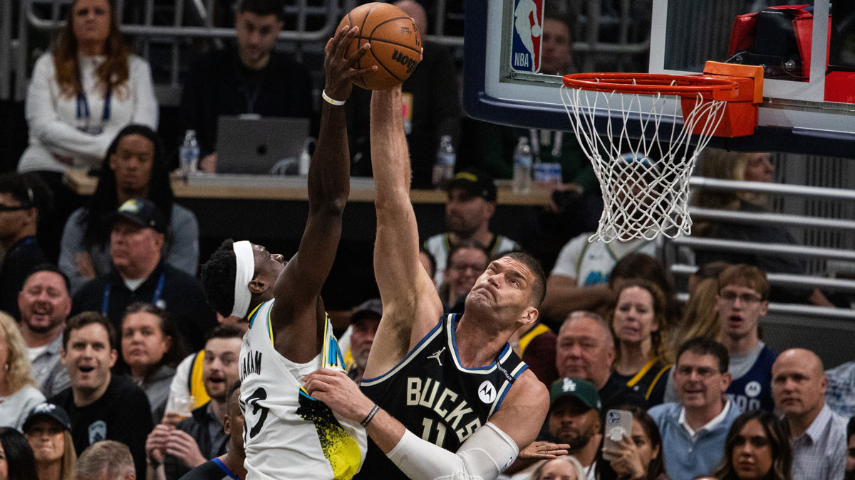 Milwaukee Bucks center Brook Lopez (11) blocks the shot of Indiana Pacers forward Pascal Siakam (43) during game two of first round for the 2024 NBA Playoffs at Gainbridge Fieldhouse.