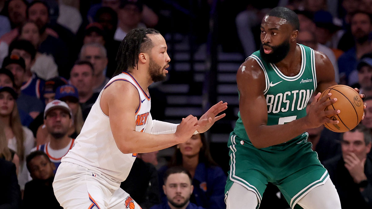 Boston Celtics guard Jaylen Brown (7) controls the ball against New York Knicks guard Jalen Brunson (11) during the first quarter of game six in the second round of the 2025 NBA Playoffs at Madison Square Garden.