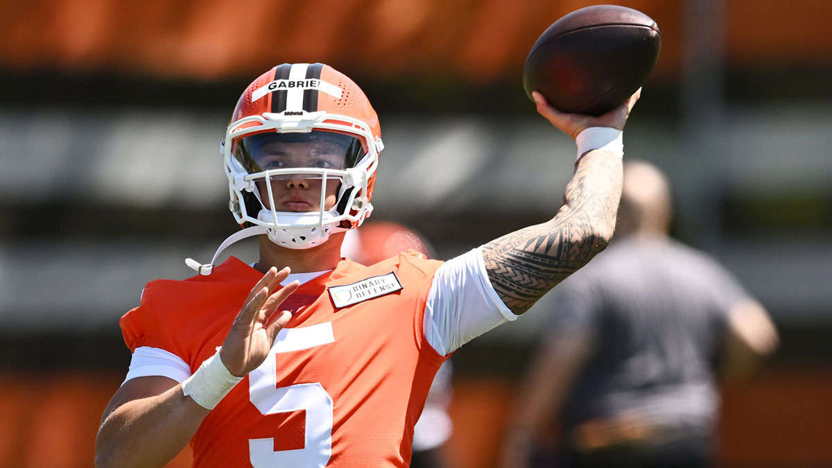 Cleveland Browns quarterback Dillon Gabriel (5) throws a pass during rookie minicamp at CrossCountry Mortgage Campus.