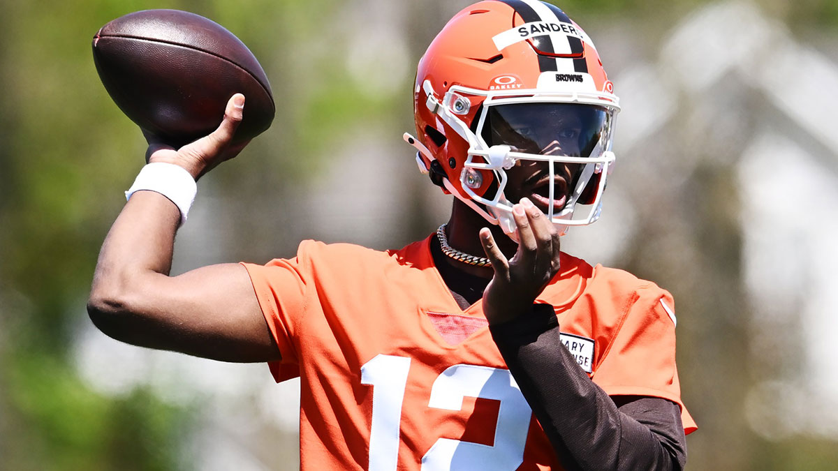 Cleveland Browns quarterback Shedeur Sanders (12) throws a pass during rookie minicamp at CrossCountry Mortgage Campus.