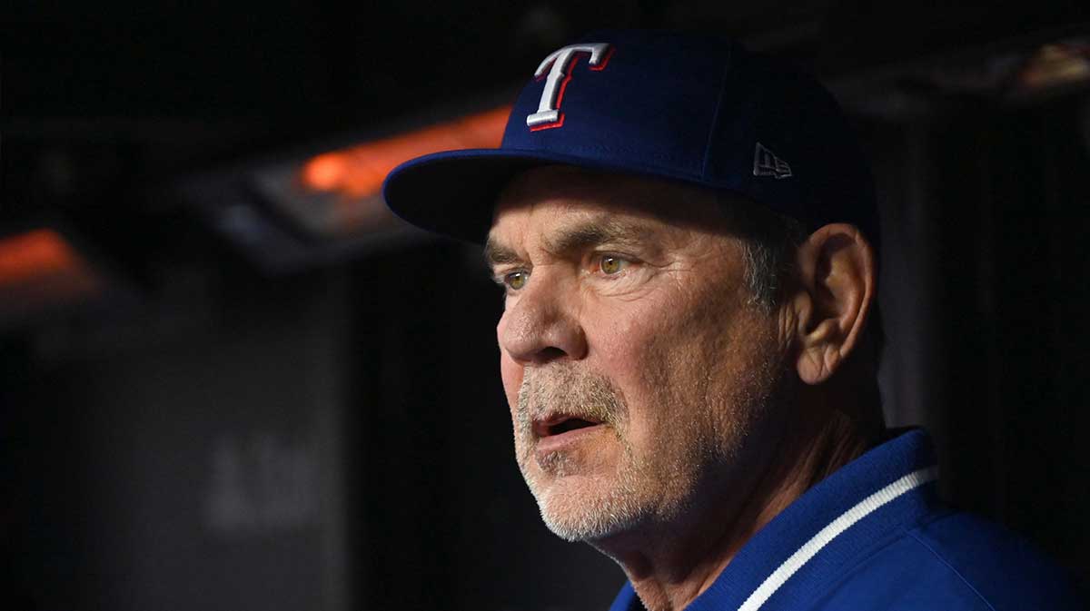 Apr 9, 2025; Chicago, Illinois, USA; Texas Rangers mnanager Bruce Bochy is seen prior to a game against the Chicago Cubs at Wrigley Field. Mandatory Credit: Patrick Gorski-Imagn Images. Jake Burger demoted.