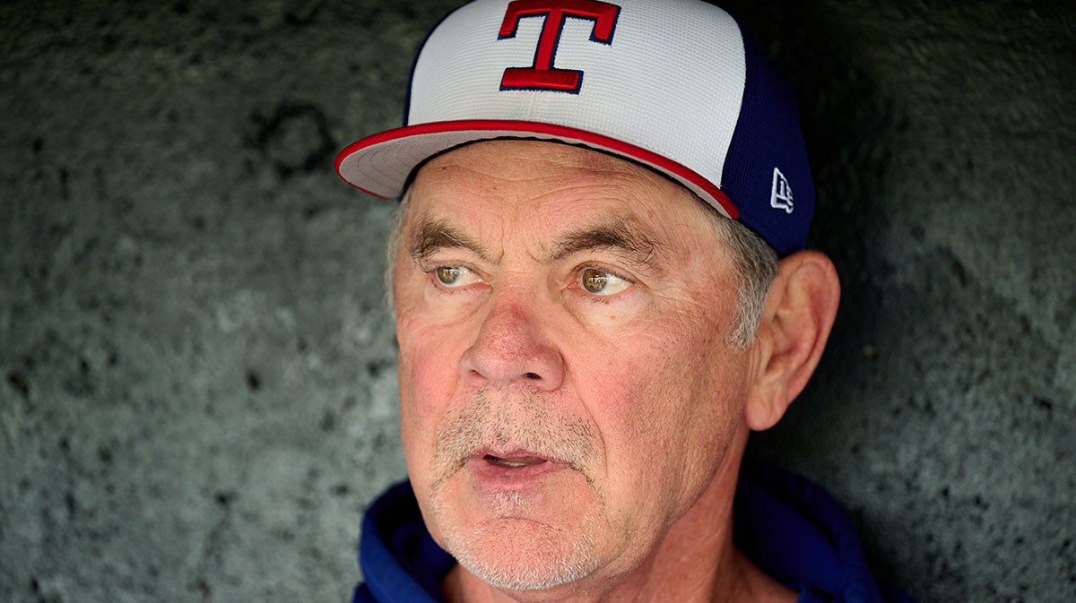 Texas Rangers manager Bruce Bochy (15) speaks to the media before the game between the San Francisco Giants and the Texas Rangers at Oracle Park.