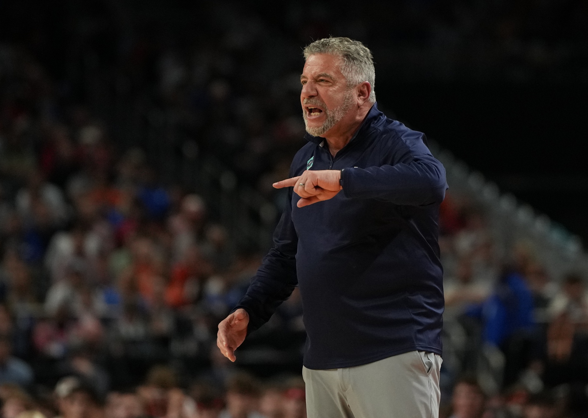 Auburn Tigers head coach Bruce Pearl reacts after a play against the Florida Gators during the second half in the semifinals of the men's Final Four of the 2025 NCAA Tournament at the Alamodome. Bob Donnan-Imagn Images