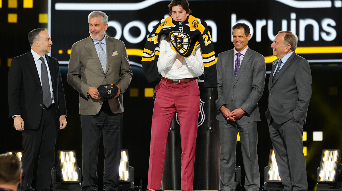 Dean Letourneau is selected by the Boston Bruins with the 25th overall pick in the first round of the 2024 NHL Draft at The Sphere.