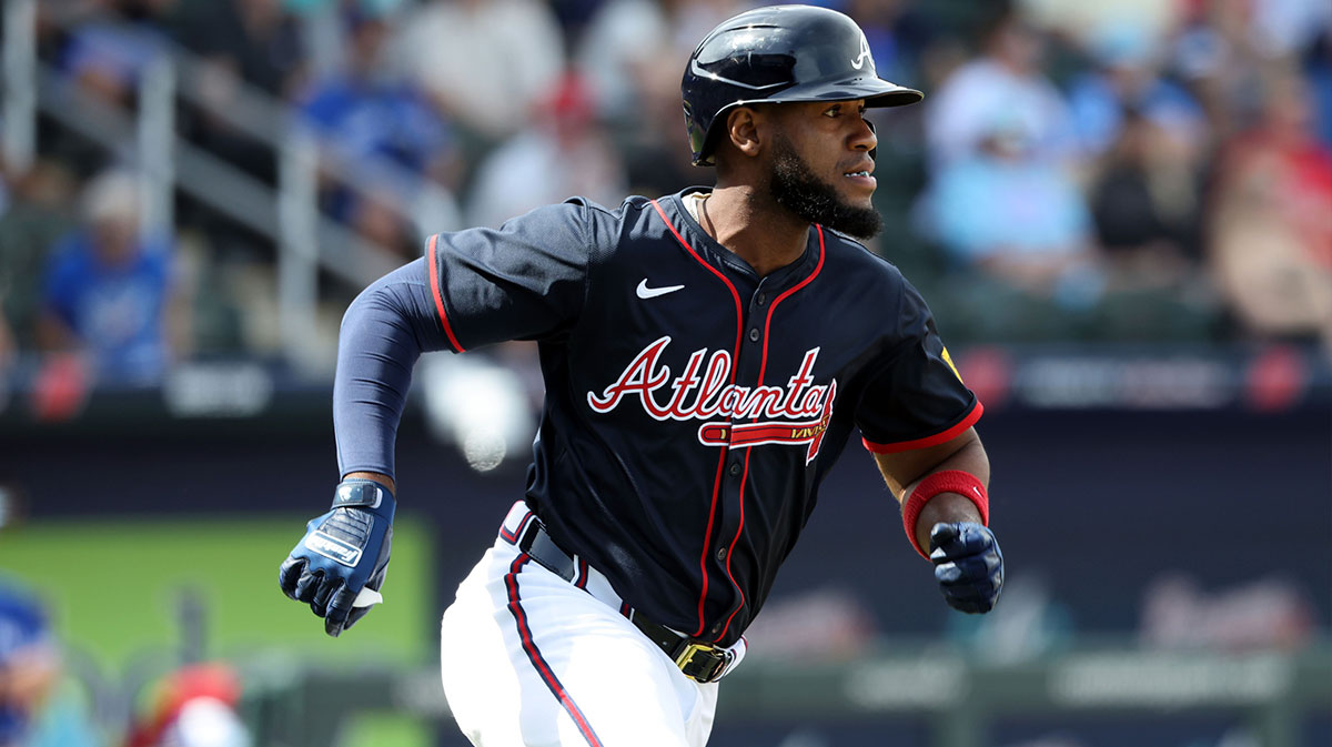 Mar 1, 2025; North Port, Florida, USA; Atlanta Braves outfield Bryan De La Cruz (14) singles during the fifth inning against the Toronto Blue Jays at CoolToday Park. Mandatory Credit: Kim Klement Neitzel-Imagn Images. Yankees waiver claim.