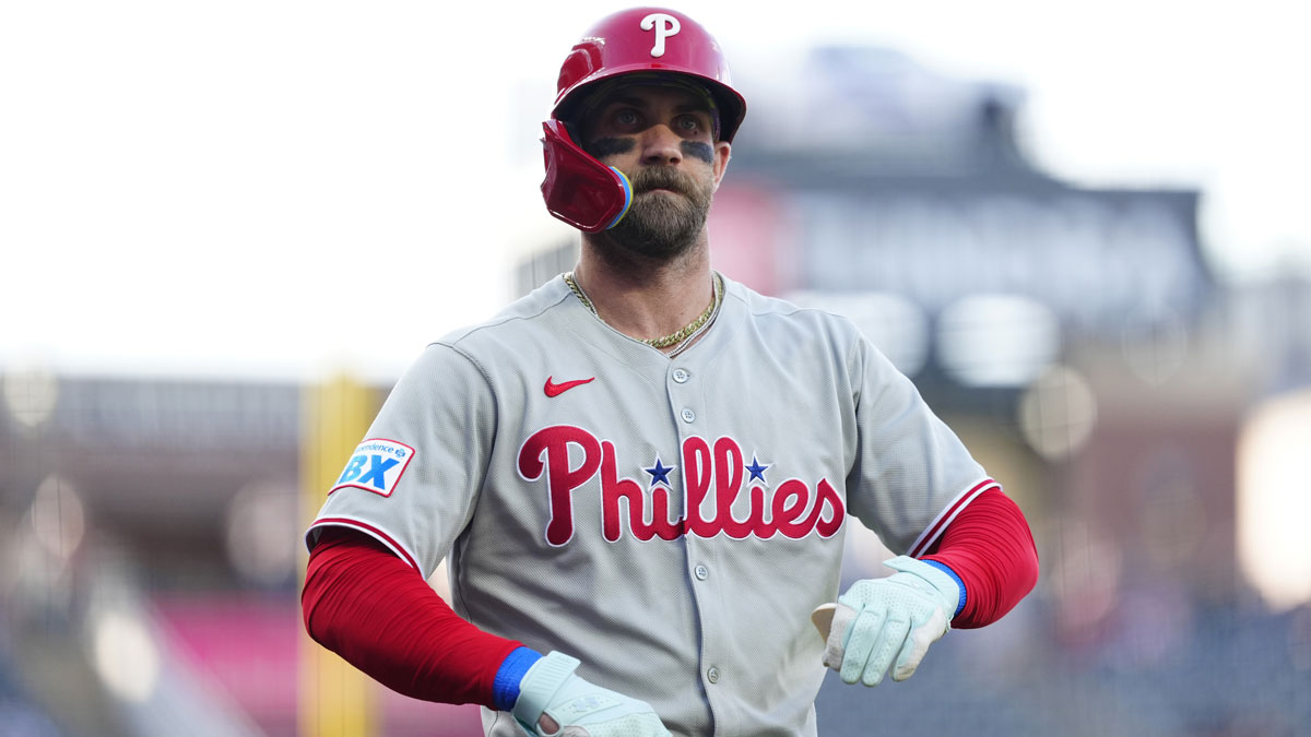Philadelphia Phillies first base Bryce Harper (3) on deck in the first inning against the Colorado Rockies at Coors Field.