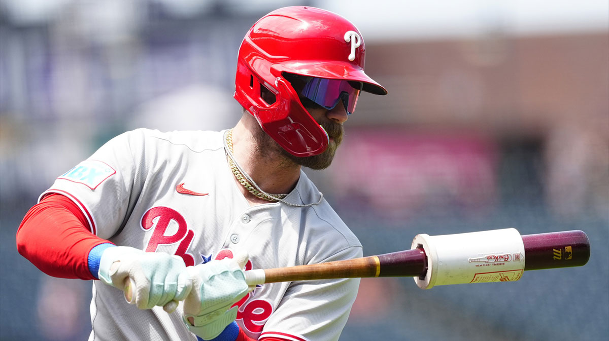 Philadelphia Phillies first baseman Bryce Harper (3) on deck to bat during the first inning against the Colorado Rockies at Coors Field.