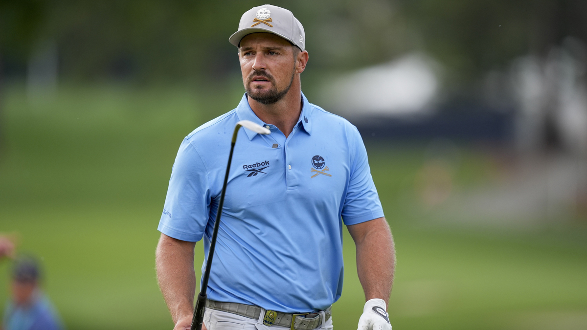 Bryson DeChambeau walks up to the fifth green during a practice round for the PGA Championship golf tournament at Quail Hollow.