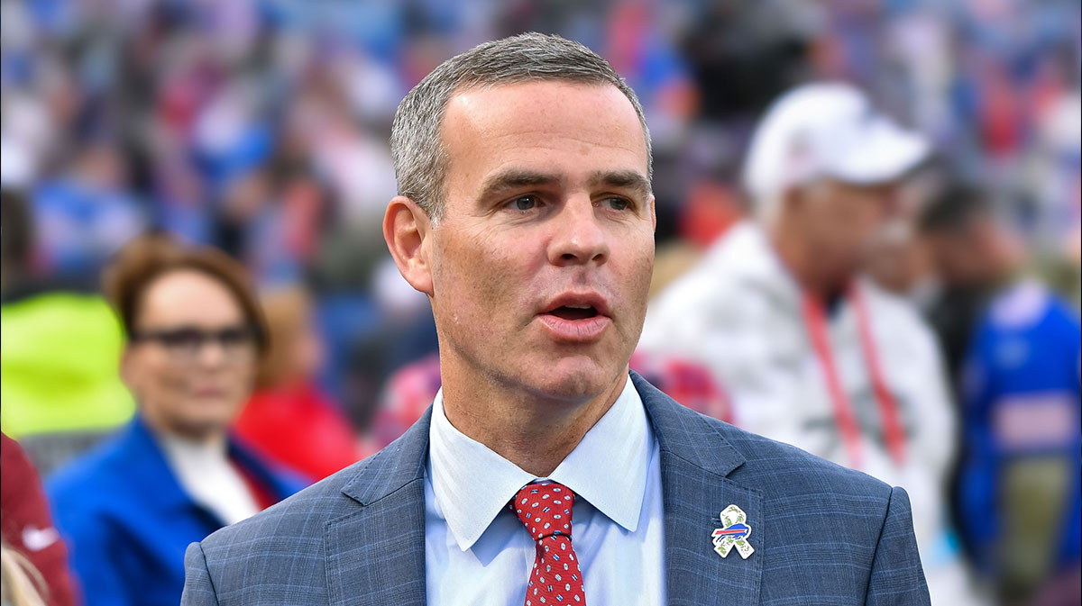 Buffalo Bills general manager Brandon Beane on the field before a game against the Kansas City Chiefs at Highmark Stadium.