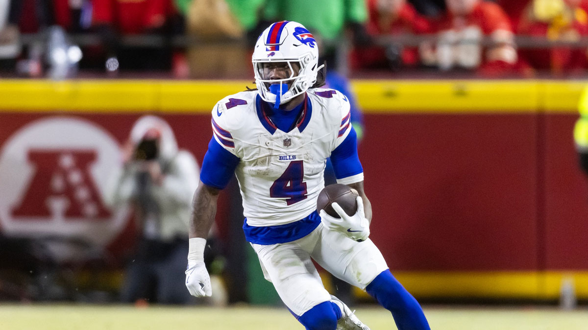Buffalo Bills running back James Cook (4) against the Kansas City Chiefs during the AFC Championship game at GEHA Field at Arrowhead Stadium.