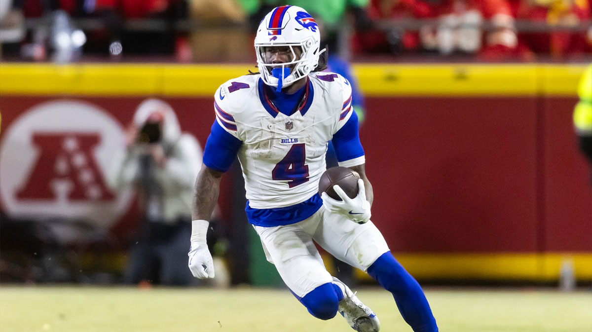 Buffalo Bills running back James Cook (4) against the Kansas City Chiefs during the AFC Championship game at GEHA Field at Arrowhead Stadium.