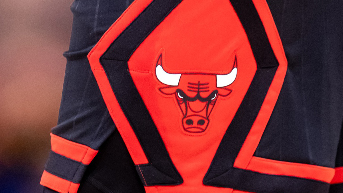 Detailed view of the Chicago Bulls logo against the New Orleans Pelicans during the second half at Smoothie King Center.