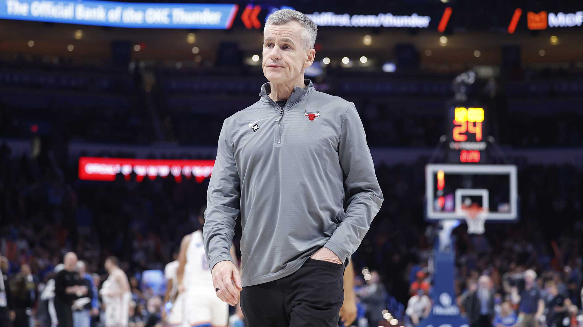 Chicago Bulls head coach Billy Donovan stands during a time out against the Oklahoma City Thunder during the second half at Paycom Center.