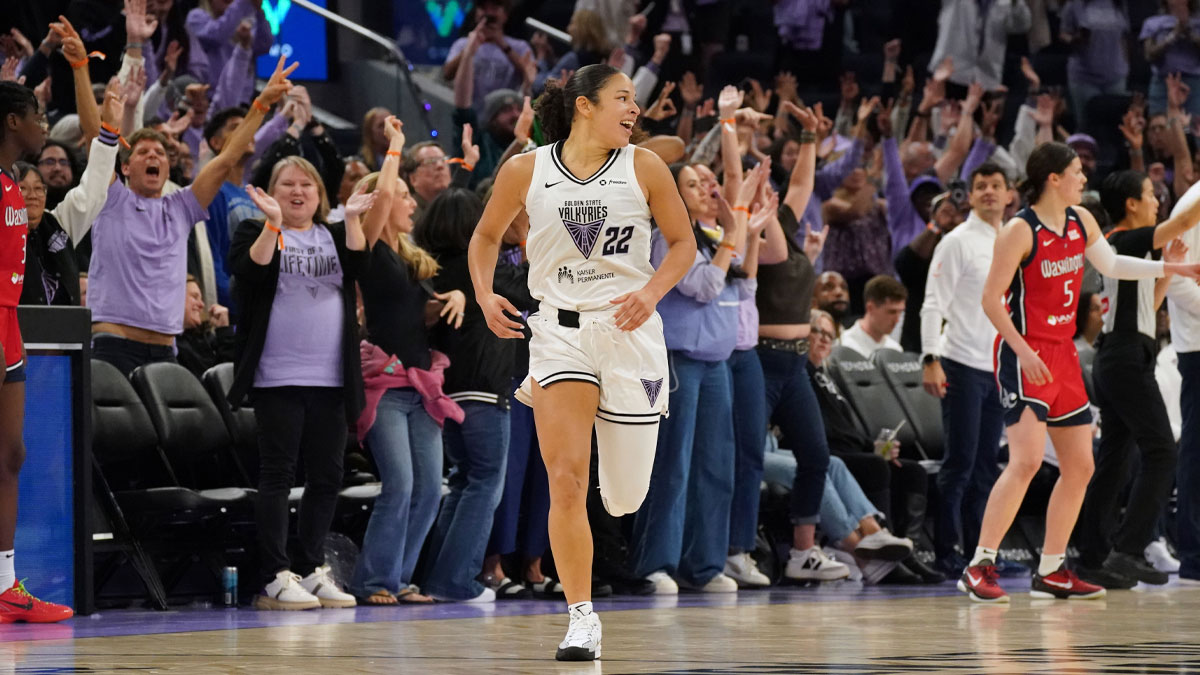 Golden State Valkyries guard Veronica Burton (22) celebrates after making a three point basket in the final minutes of the fourth quarter against the Washington Mystics at Chase Center.