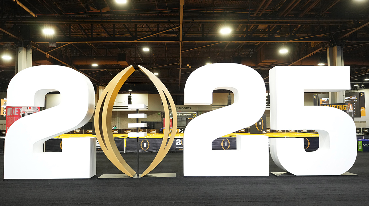 The 2025 College Football Playoff logo at Playoff Fan Central at the Georgia World Congress Center.