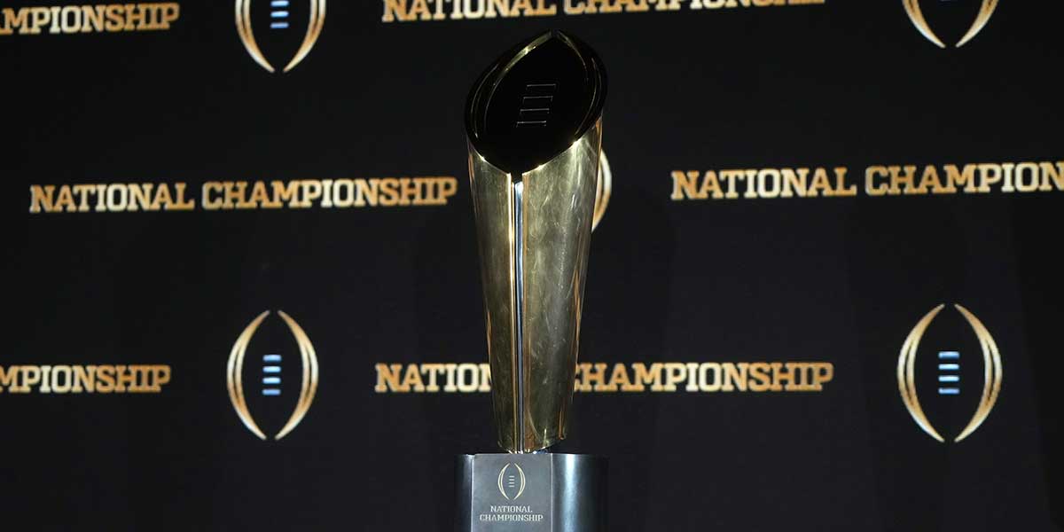 The College Football Playoff National Championship trophy at a press conference at The Westin Peachtree Plaza, Savannah Ballroom.