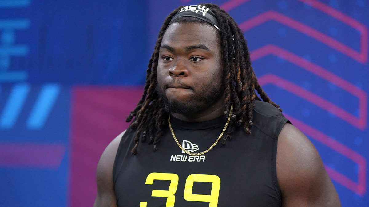Indiana defensive lineman CJ West (DL39) looks on during the 2025 NFL Combine at Lucas Oil Stadium.