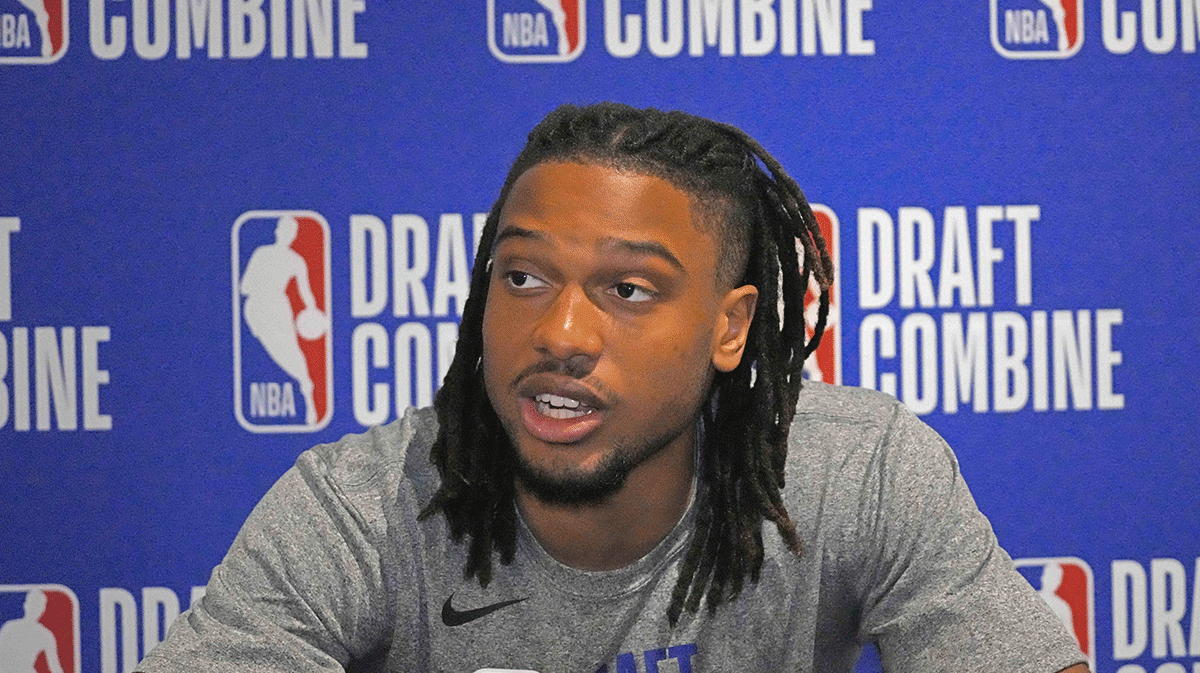 Chaz Lanier talks to the media during the 2025 NBA Draft Combine at Marriott Marquis Chicago.