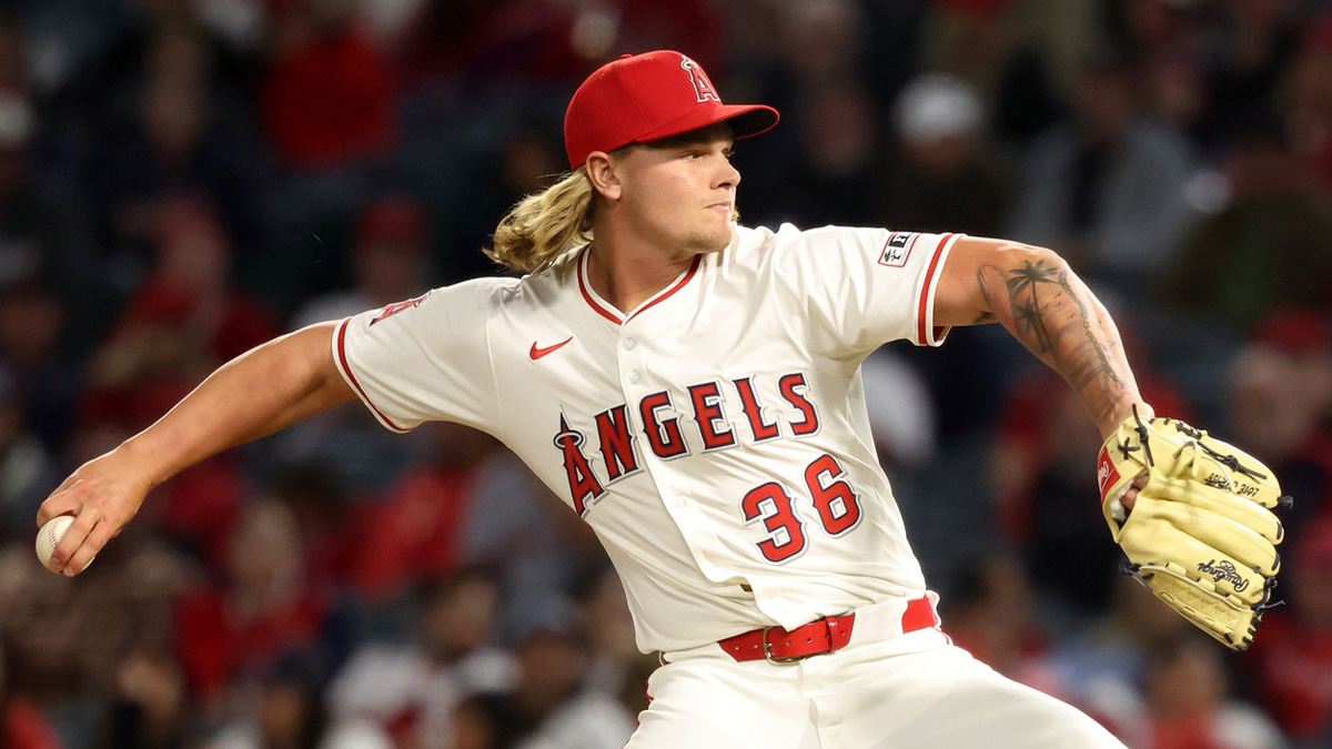 Los Angeles Angels pitcher Caden Dana (36) pitches during the ninth inning against the Cleveland Guardians at Angel Stadium.