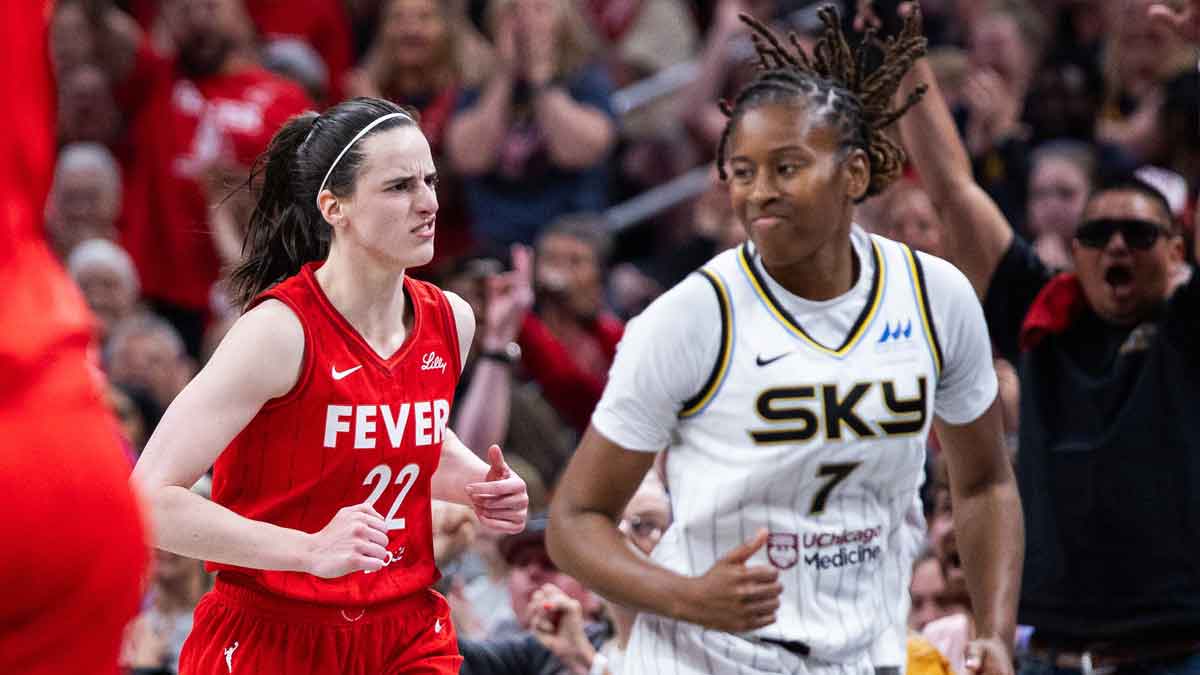 Indiana Fever guard Caitlin Clark (22) celebrates a made basket in the second half against the Chicago Sky at Gainbridge Fieldhouse.