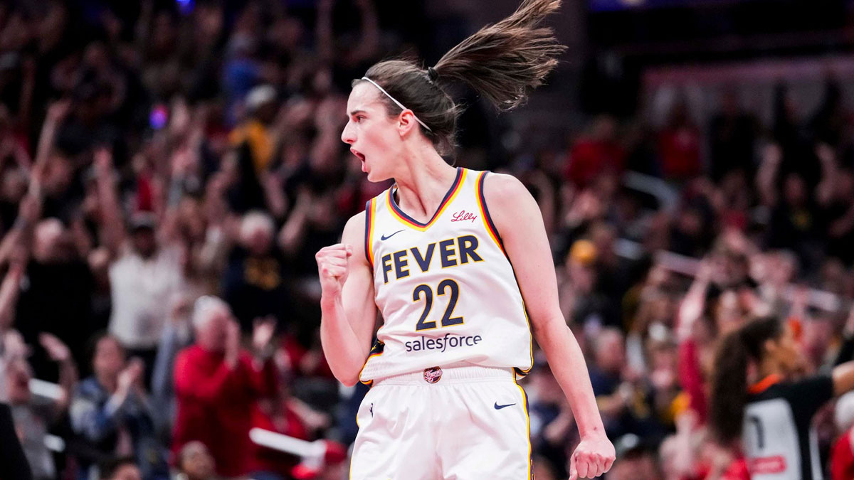 Indiana Fever guard Caitlin Clark (22) celebrates Saturday, May 24, 2025, during a game between the Indiana Fever and the New York Liberty at Gainbridge Fieldhouse in Indianapolis. The New York Liberty defeated the Indiana Fever, 90-88.