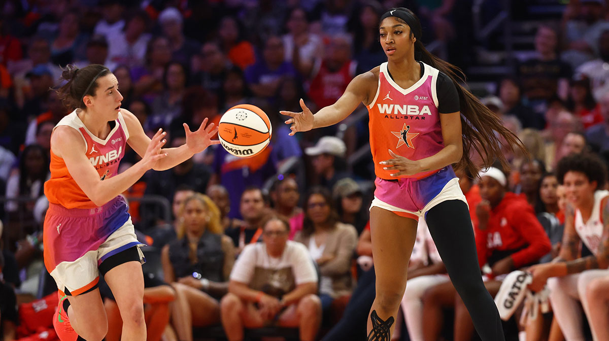 Team WNBA guard Caitlin Clark (left) and Angel Reese against the USA Women's National Team during the 2024 WNBA All Star Game at Footprint Center.