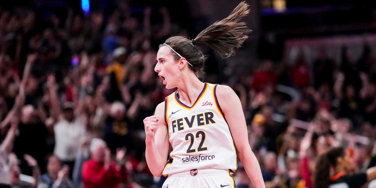 Indiana Fever guard Caitlin Clark (22) celebrates Saturday, May 24, 2025, during a game between the Indiana Fever and the New York Liberty at Gainbridge Fieldhouse in Indianapolis. The New York Liberty defeated the Indiana Fever, 90-88.