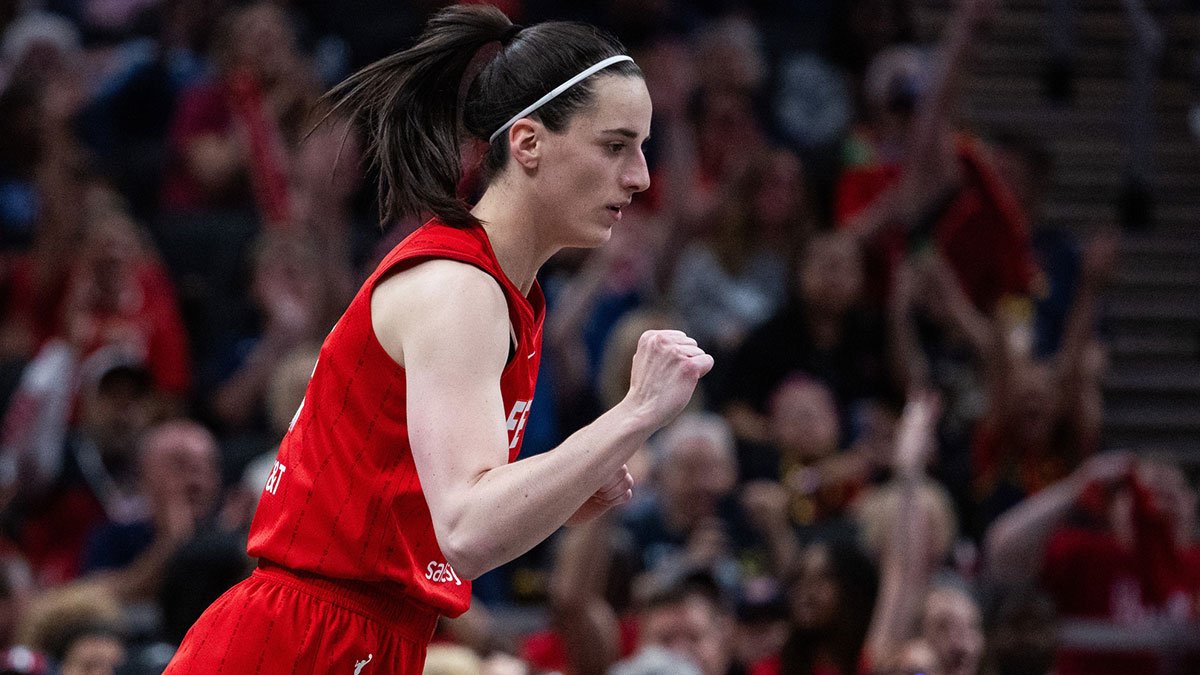 Indiana Fever guard Caitlin Clark (22) celebrates a made basket in the second half against the Chicago Sky at Gainbridge Fieldhouse.