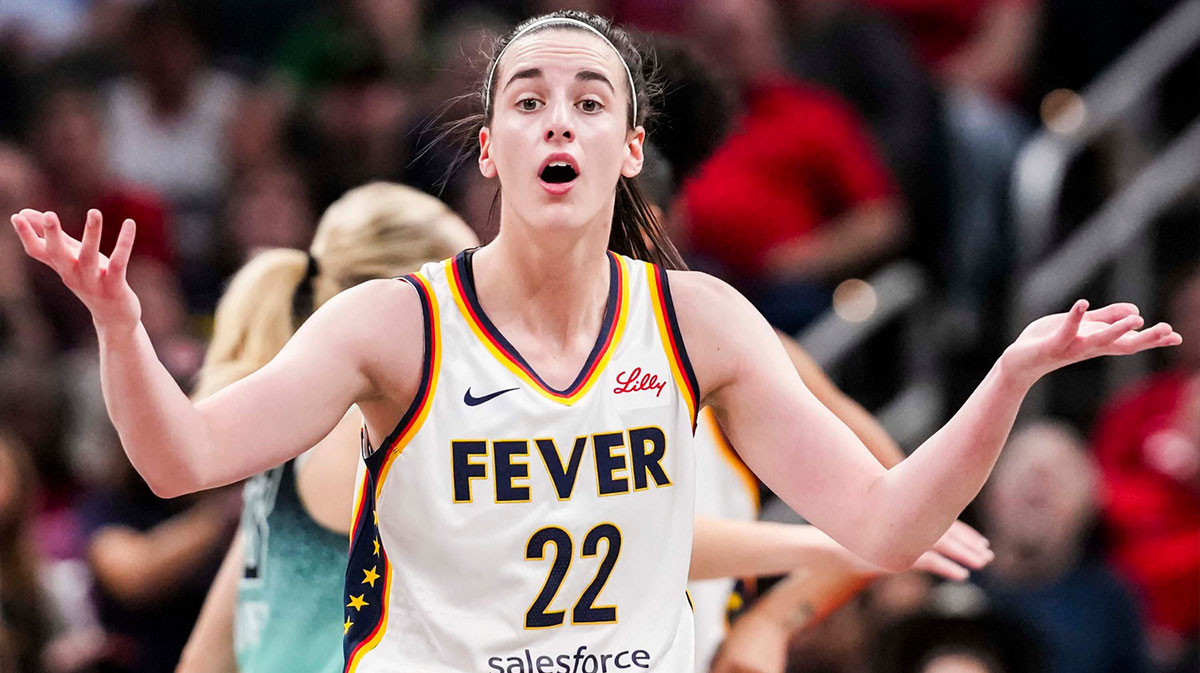 Indiana Fever guard Caitlin Clark (22) reacts to the officiating Saturday, May 24, 2025, during a game between the Indiana Fever and the New York Liberty at Gainbridge Fieldhouse in Indianapolis. The New York Liberty defeated the Indiana Fever, 90-88.