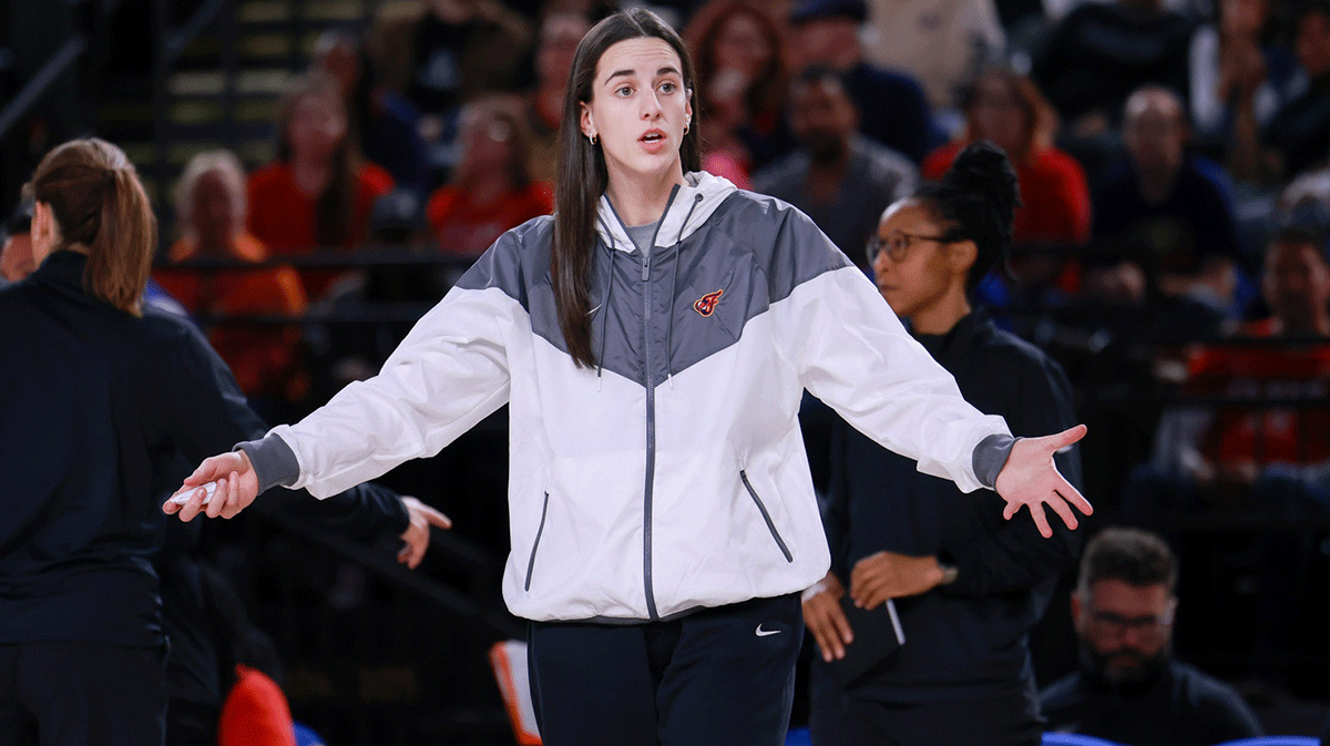 Indiana Fever guard Caitlin Clark reacts to a call in the second half against the Washington Mystics at Entertainment & Sports Arena.