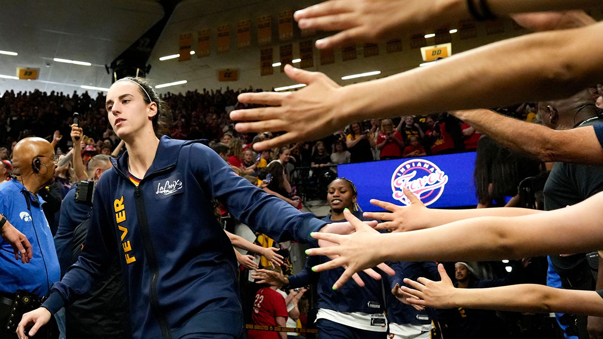 Indiana Fever guard Caitlin Clark (22) takes the court before an Indiana Fever game against the Brazil National Team May 4, 2025 at Carver-Hawkeye Arena in Iowa City, Iowa.