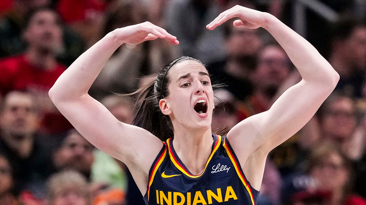 Indiana Fever guard Caitlin Clark (22) gets the crowd excited Tuesday, May 20, 2025, during a game between the Indiana Fever and the Atlanta Dream at Gainbridge Fieldhouse in Indianapolis. The Atlanta Dream defeated the Indiana Fever, 91-90.