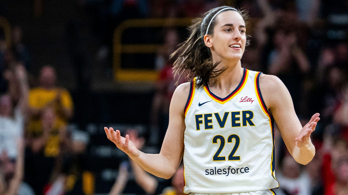 Indiana Fever guard Caitlin Clark (22) questions an official Sunday, May 4, 2025, during a preseason game between the Indiana Fever and the Brazil national team at Carver-Hawkeye Arena in Iowa City.