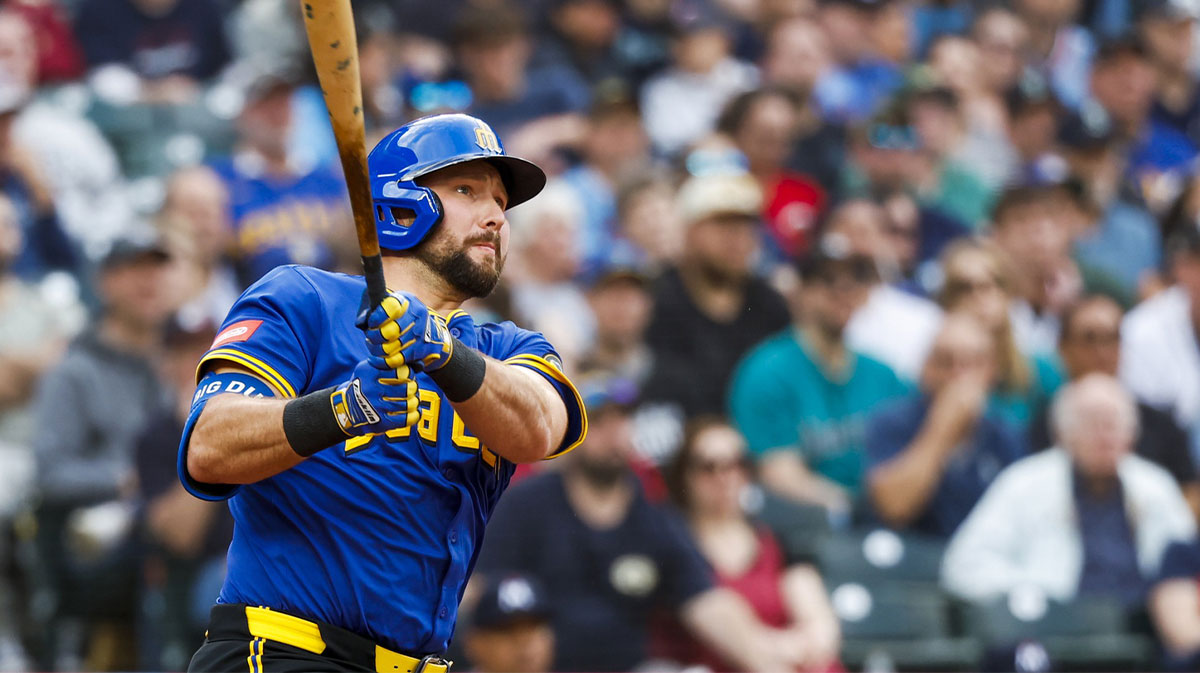 May 30, 2025; Seattle, Washington, USA; Seattle Mariners catcher Cal Raleigh (29) hits a three-run home run against the Minnesota Twins during the first inning at T-Mobile Park. Mandatory Credit: Joe Nicholson-Imagn Images