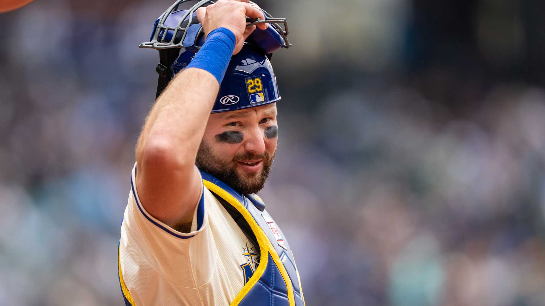Apr 27, 2025; Seattle, Washington, USA; Seattle Mariners catcher Cal Raleigh (29) is pictured during a game against the Miami Marlins at T-Mobile Park. Mandatory Credit: Stephen Brashear-Imagn Images