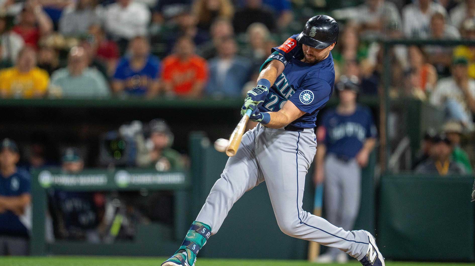 May 6, 2025; West Sacramento, California, USA; Seattle Mariners catcher Cal Raleigh (29) hits a RBI single against the Athletics during the ninth inning at Sutter Health Park. 